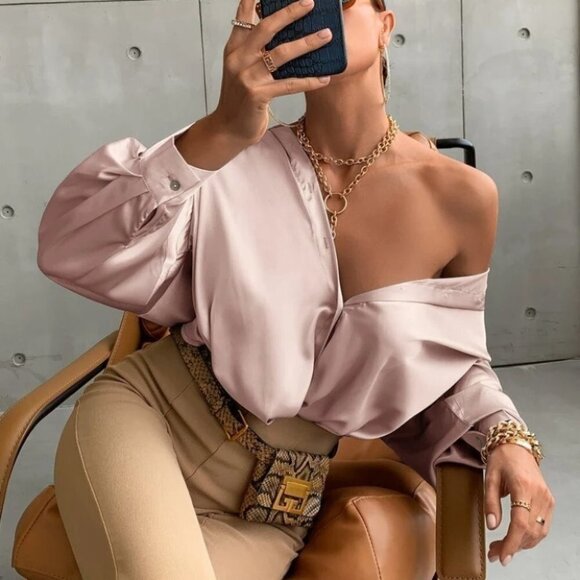 Button down Bishop Sleeve Shirt Blouse Dusty Pink - Picture 1 of 6